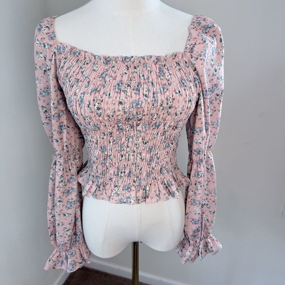 LYANER Pink Floral Smocked Milkmaid Top Cottagecore Puff Sleeve Blouse L